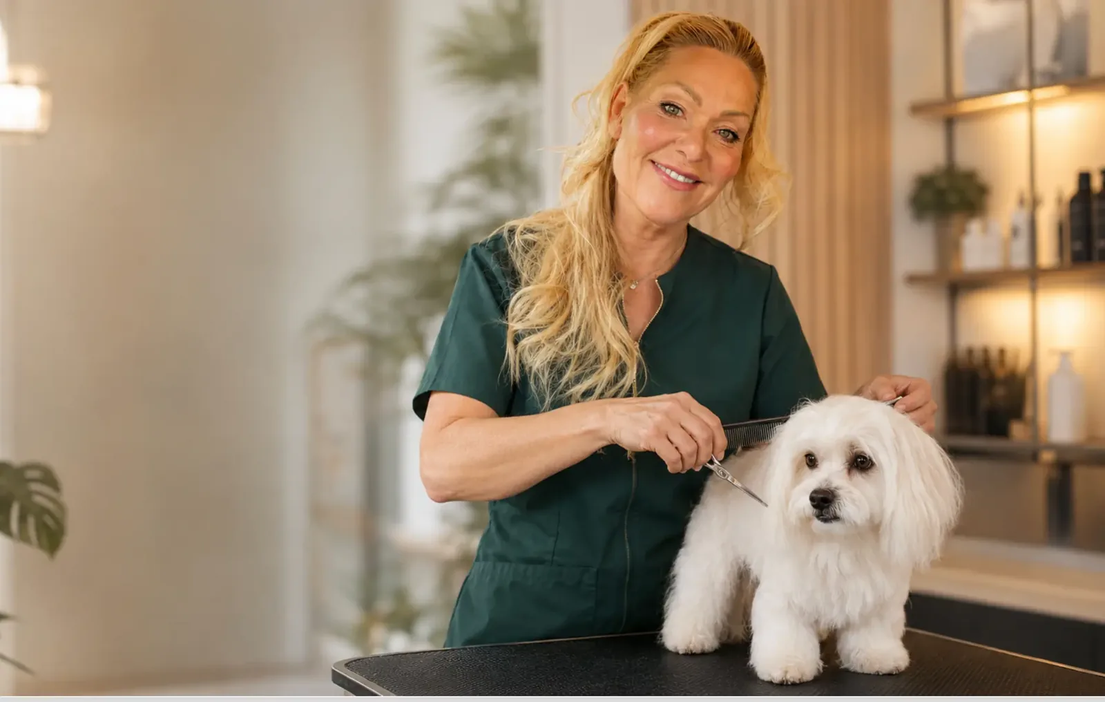 Liss trimmar en hund på trimbordet i salongen